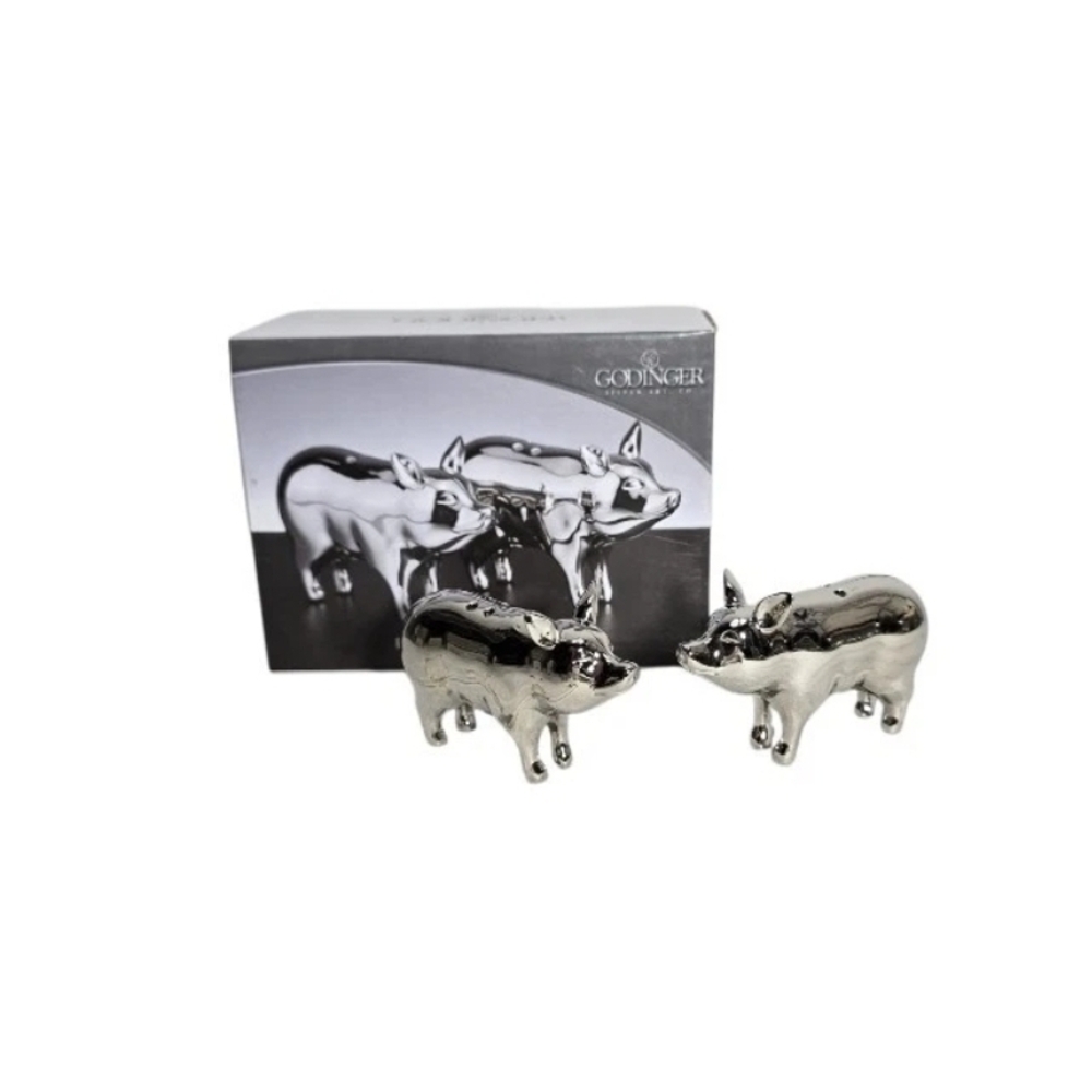 Godinger Silver Art Pigs Salt & Pepper Shakers Nickel Plated New In Box